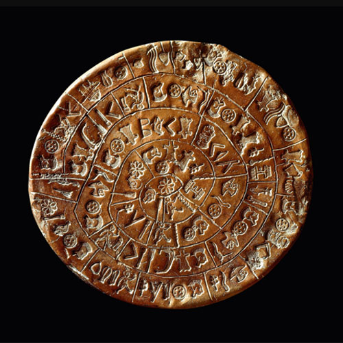 The Phaistos disk from circa 1700 B.C. The signs were not engraved using a stylus but rather pressed onto the wet clay using molds or seals in a kind of ancient typesetting.