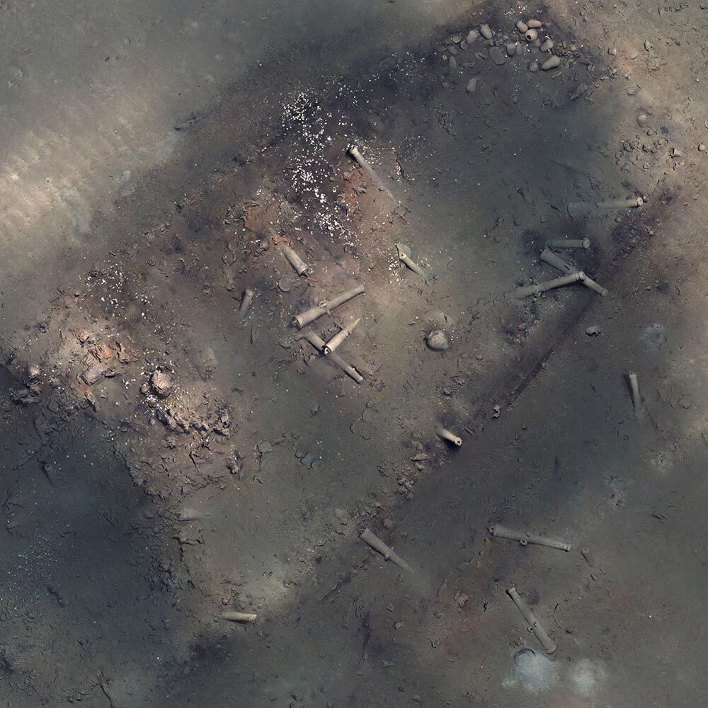 This undated image made from a mosaic of photos taken by an autonomous underwater vehicle, released by the Colombian Institute of Anthropology and History, shows the remains of the Spanish galleon San José in more than 2,000 feet of water.