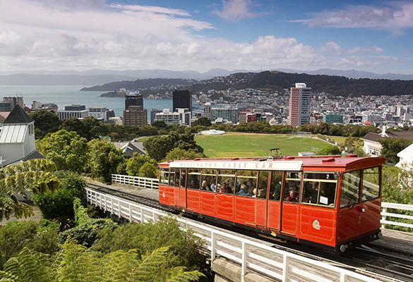 A cable car travels along a hillside outside Wellington.