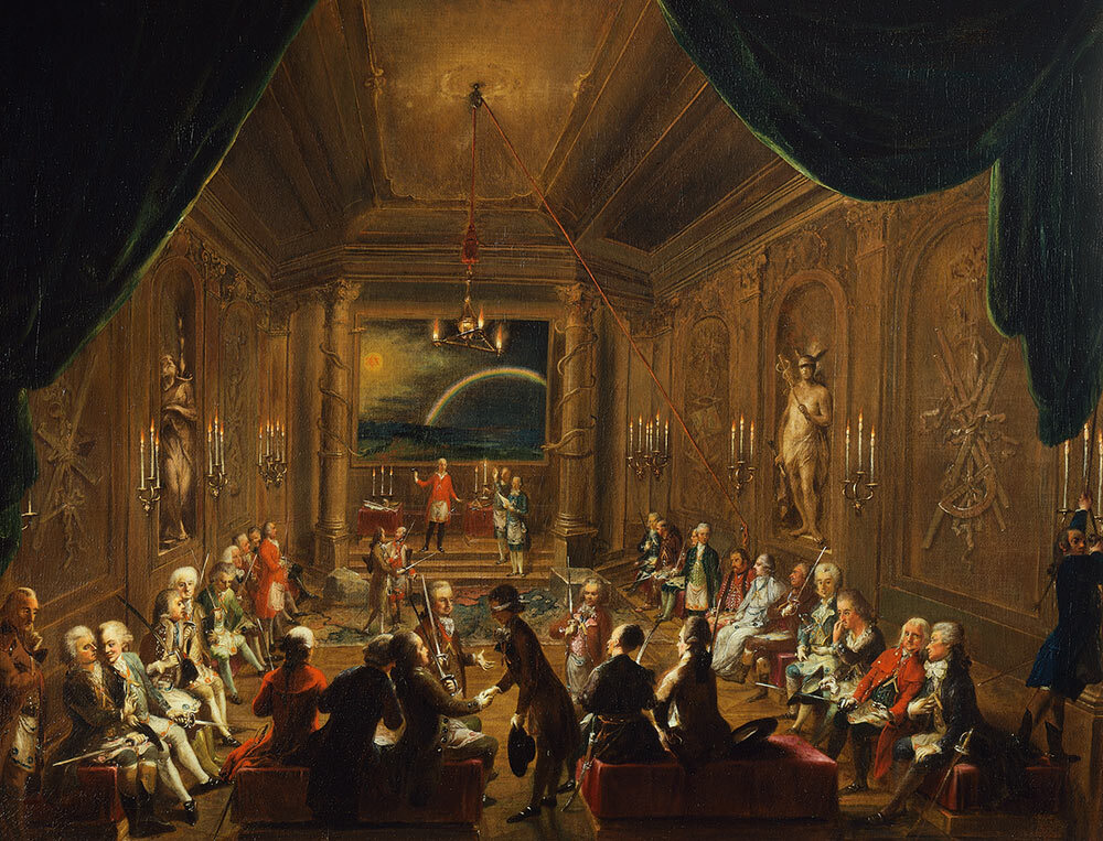 18th century Italian-Austrian artist Ignaz Unterberger painted this initiation ceremony in a Viennese masonic lodge in 1789.