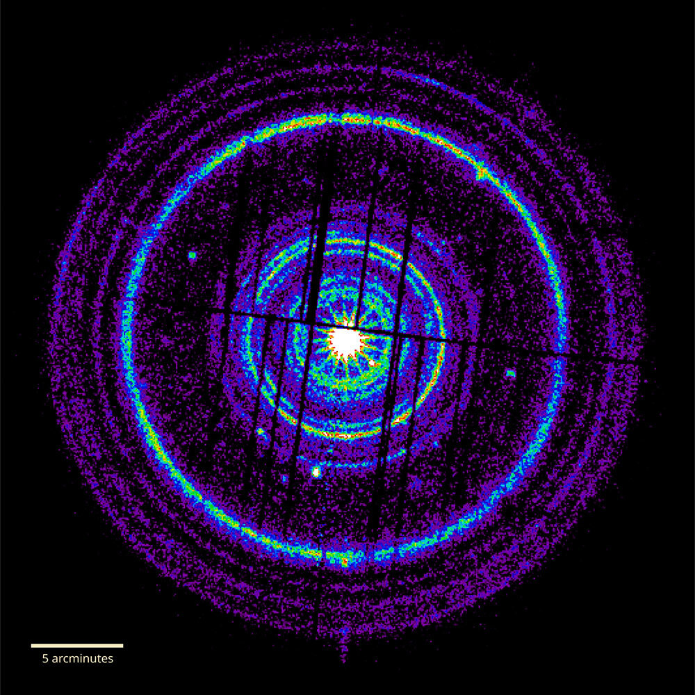 The brightest gamma-ray burst ever seen was produced during the collapse of a massive star about two billion light-years away. It illuminated dust rings in our galaxy, seen in this image from the XMM-Newton space telescope.