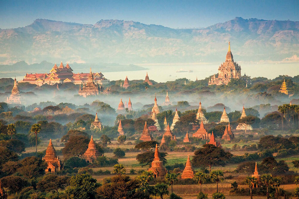 An aerial picture of temples and pagodas