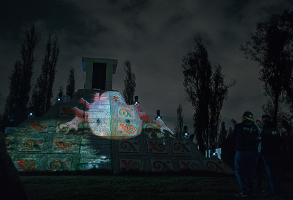 The image of an axolotl is projected on a structure simulating a pyramid for a play in Xochimilco, Mexico City, on November 8, 2019.