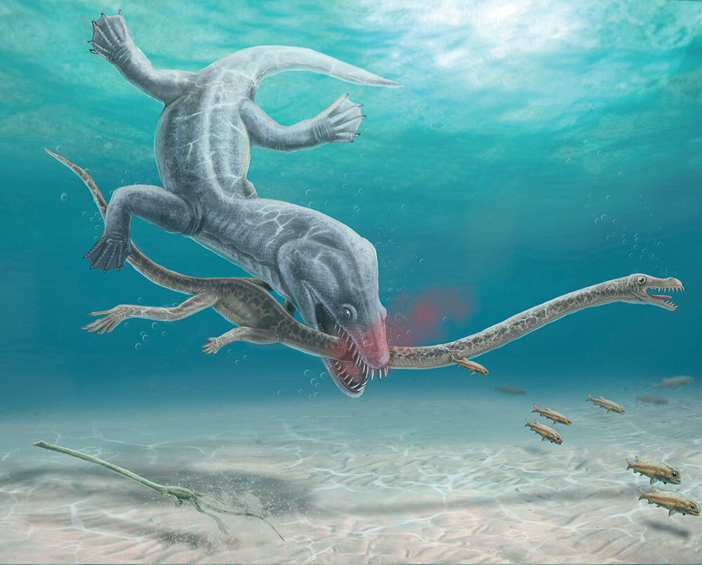 a rendition of the decapitation of Tanystropheus hydroides