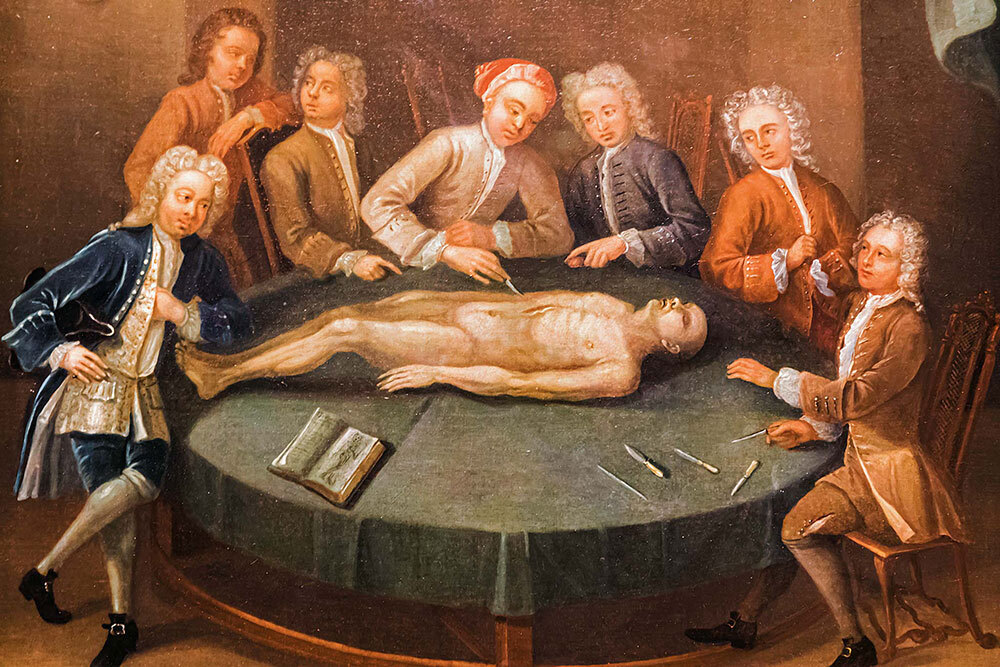 Anatomy lessons required a cadaver, as shown here is an 18th-century oil painting of English surgeon William Cheselden.