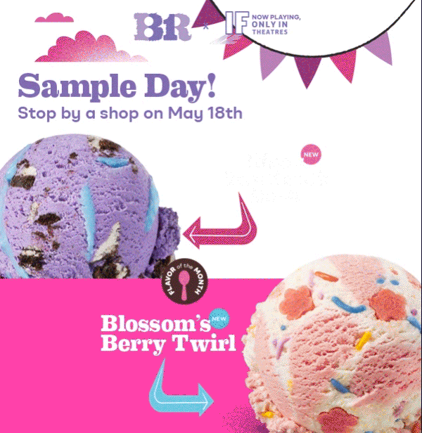 "Sample Day! Stop by a shop on May 18" with scoops of Blue's Boardwalk Bash and Blossom's Berry Twirl