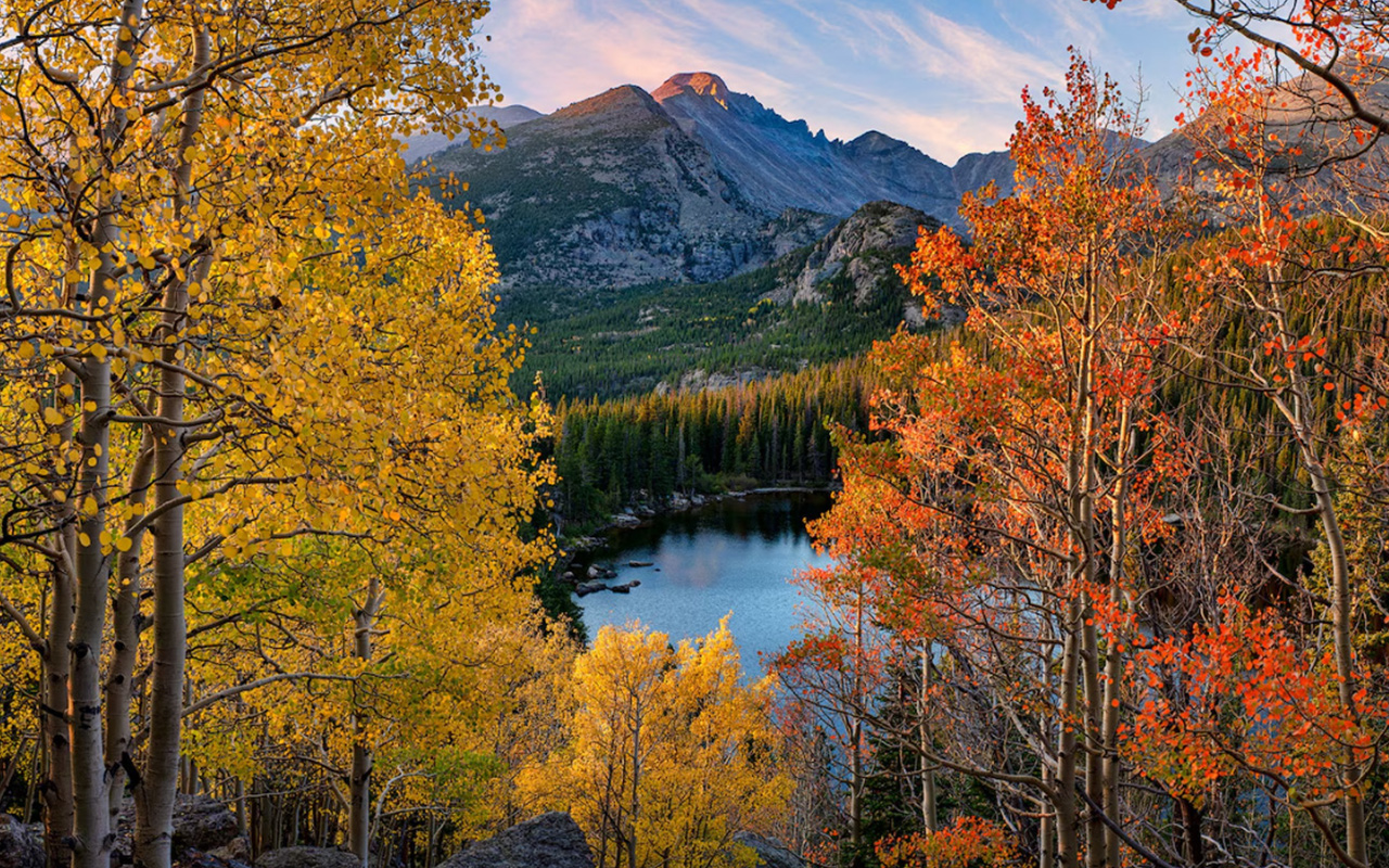 Yellow and orange colored leave filled trees frame a view of a lake below with a mountain in the back.