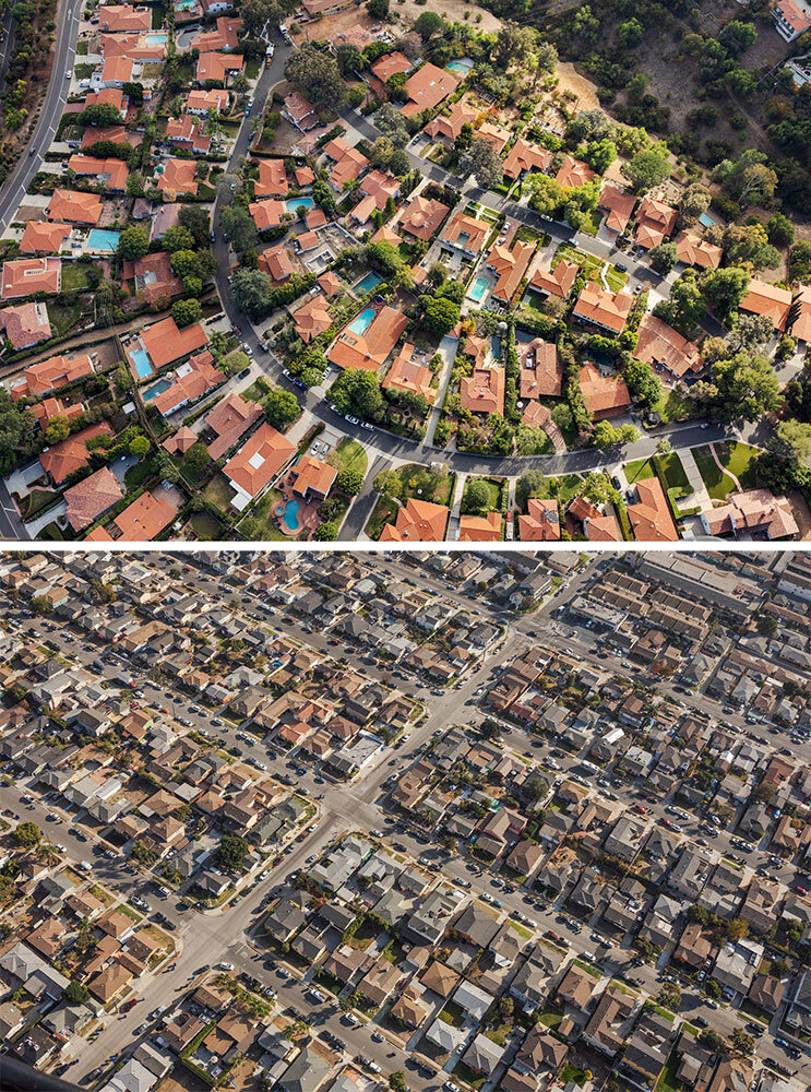 Top: Most shade in L.A. is in communities such as Rolling Hills, where people can afford to care for the trees.
Bottom: In low-income, largely minority areas such as Hawthorne, lack of public investment means fewer trees.