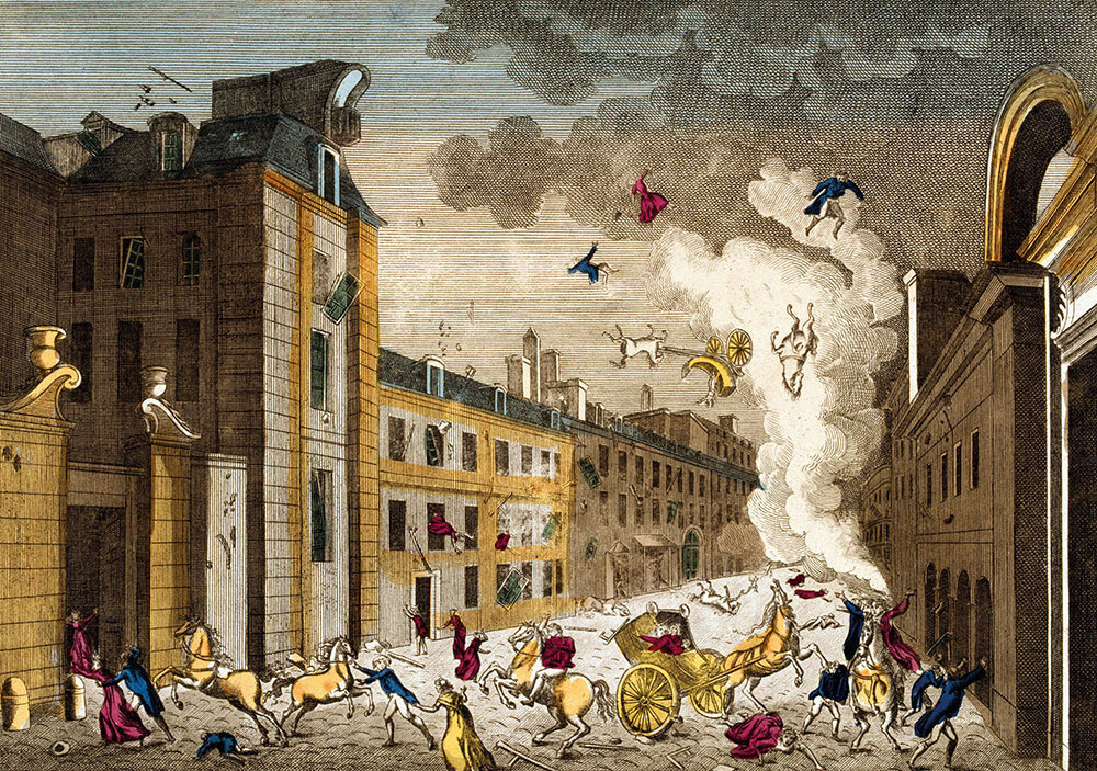 An illustration of an explosion throwing men, horses, and a carriage into the air