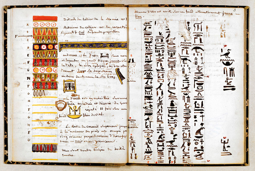 Handwritten hieroglyphs in a notebook