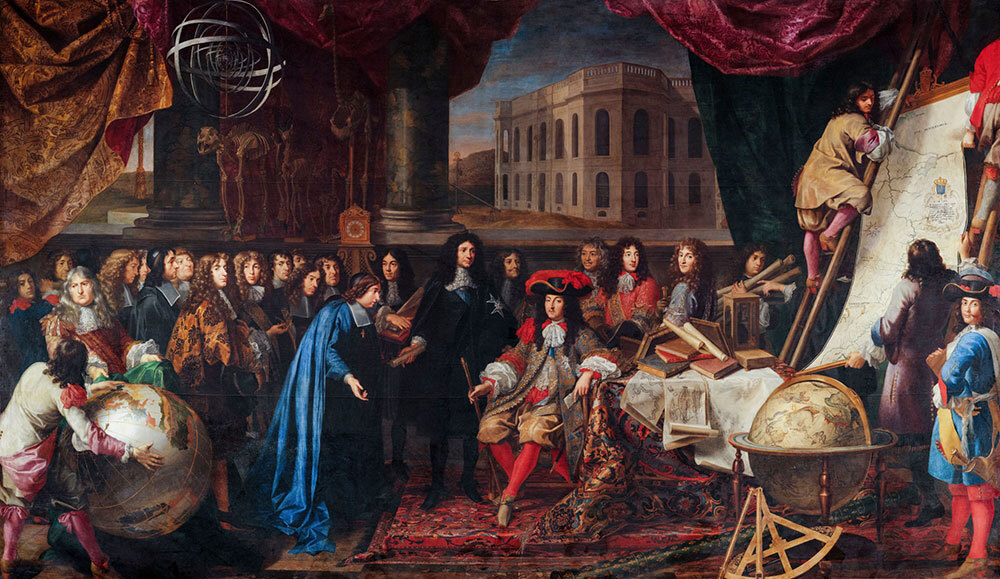 Jean-Baptiste Colbert presenting members of the Royal Academy of Sciences to King Louis XIV at the opening ceremony of the Paris Observatory in 1667 (oil on canvas) by Henri Testelin.