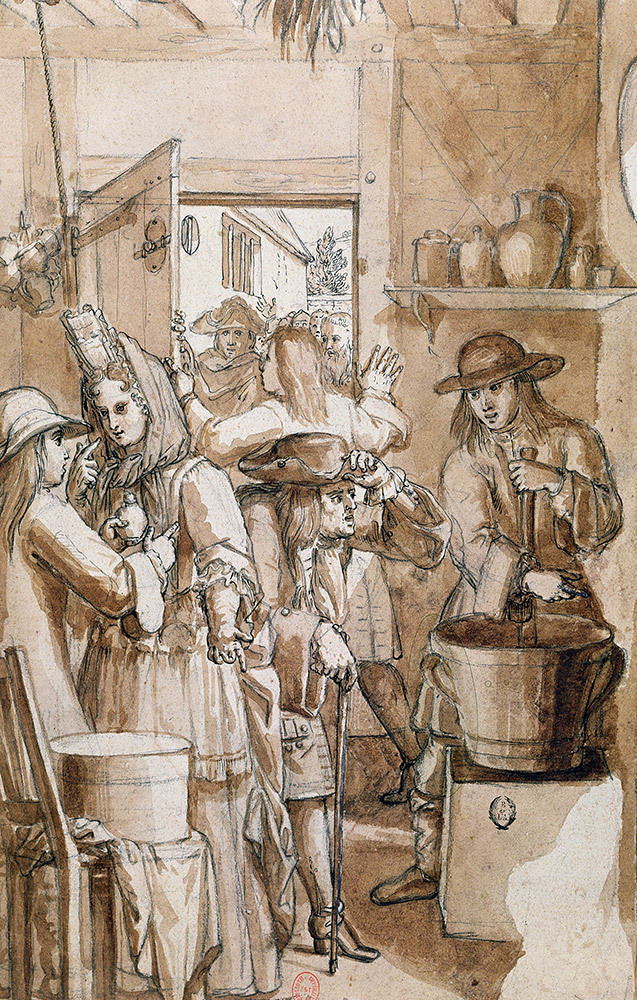 Watercolor scene in an apothecary shop depicting the vendor of theriac