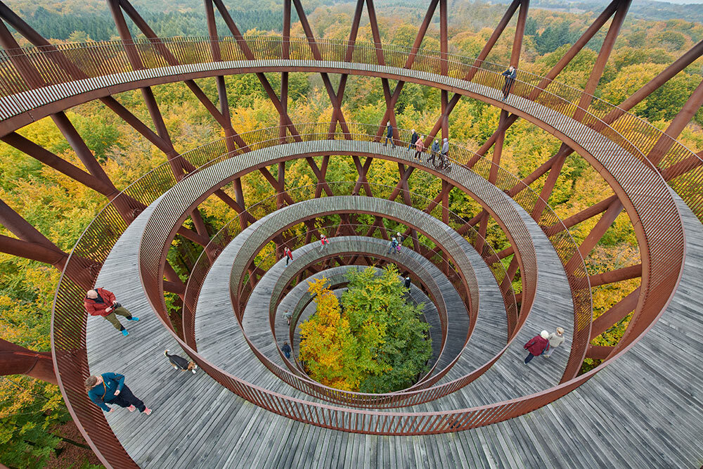 Aerial view of a 150-foot-high spiral boardwalk in a forest outside Copenhagen in autumn last year.