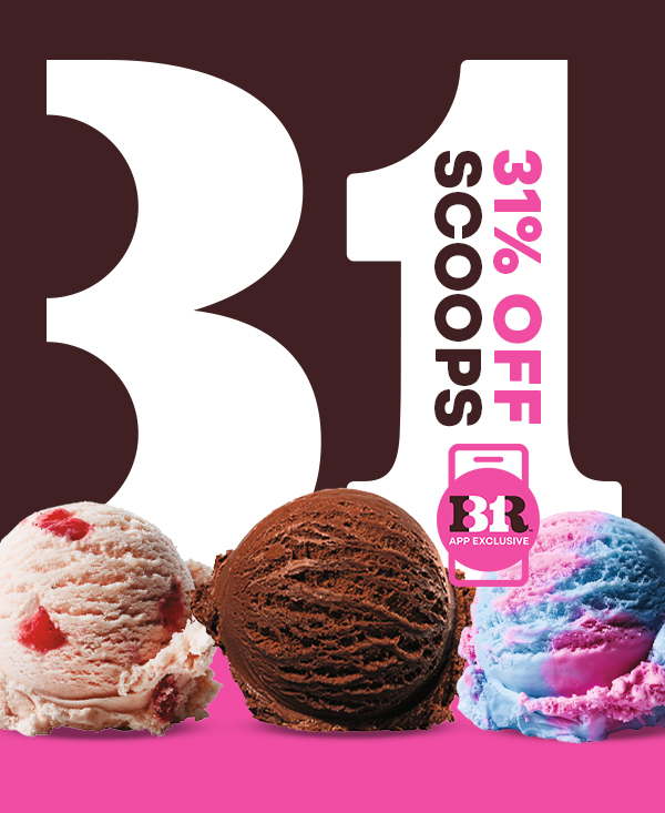 Three scoops with Celebrate 31 logo "31% off Scoops"