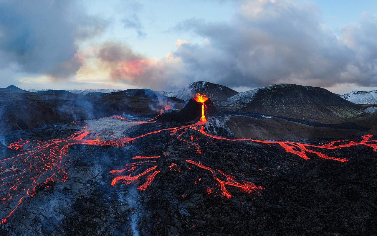 A drone view of a volcano eruption.