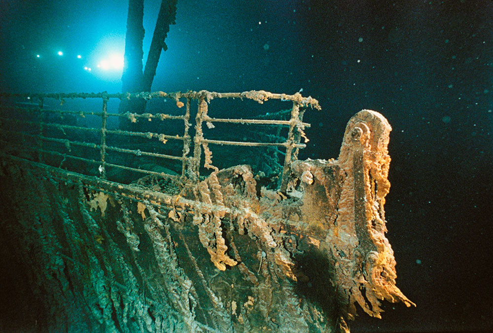 A photo of the Titanic's bow at the bottom of the ocean