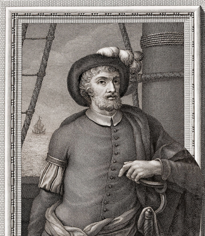 A drawing of a man in a feathered hat on a ship