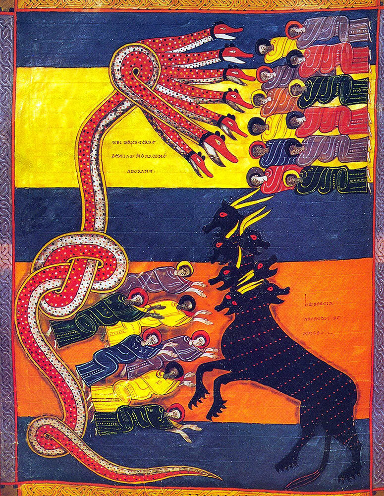 An illuminated manuscript depicting a Dragon and Beast from the Beatus of Leon ver