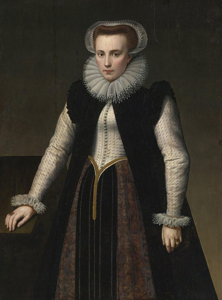 A painting of a woman wearing a dress and frilled neck collar