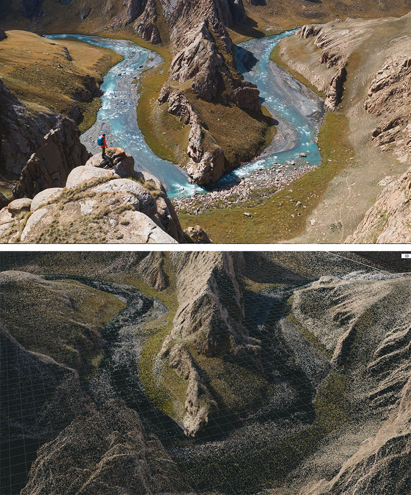 A photo of a bend in a river and a 3D image of the same bend in the river