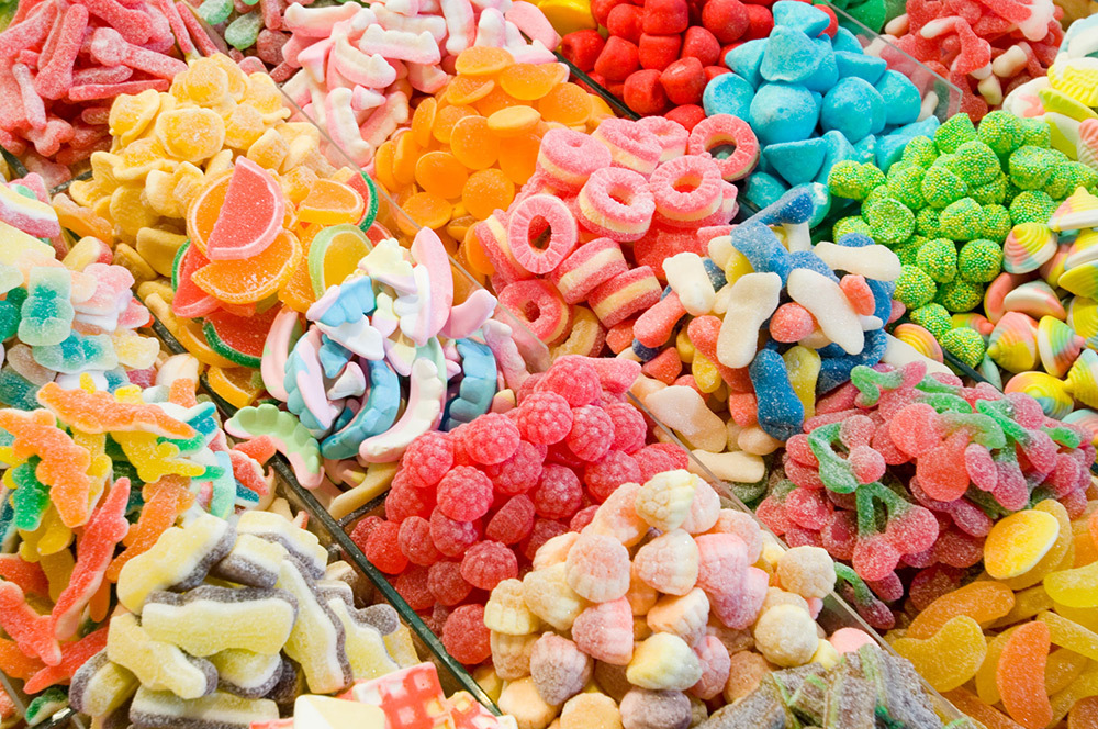 Colorful gummy candies in trays