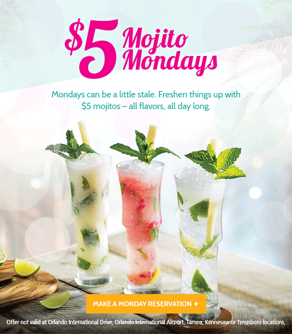 Make Mondays a little better at Bahama Breeze with $5 Mojitos all day long!