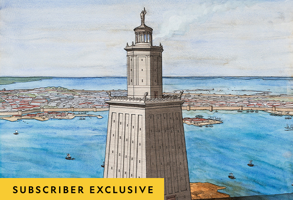 The Lighthouse of Alexandria stood taller than 350 feet and was adorned with colossal pink granite statues, representing the Ptolemaic pharaohs and their queens.