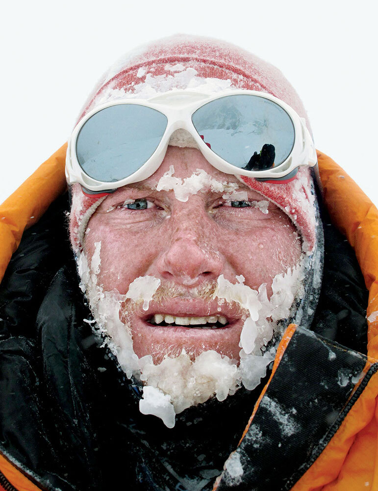 A self-portrait by Cory Richards after surviving an avalanche, his face encrusted with ice
