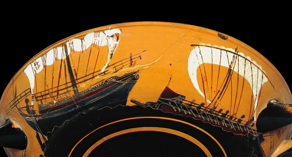 Merchant ships, such as that on the left of this sixth-century B.C. Greek bowl, were targets of pirates in antiquity. Naval warships, such as the one on the right, were periodically deployed to squash piracy.