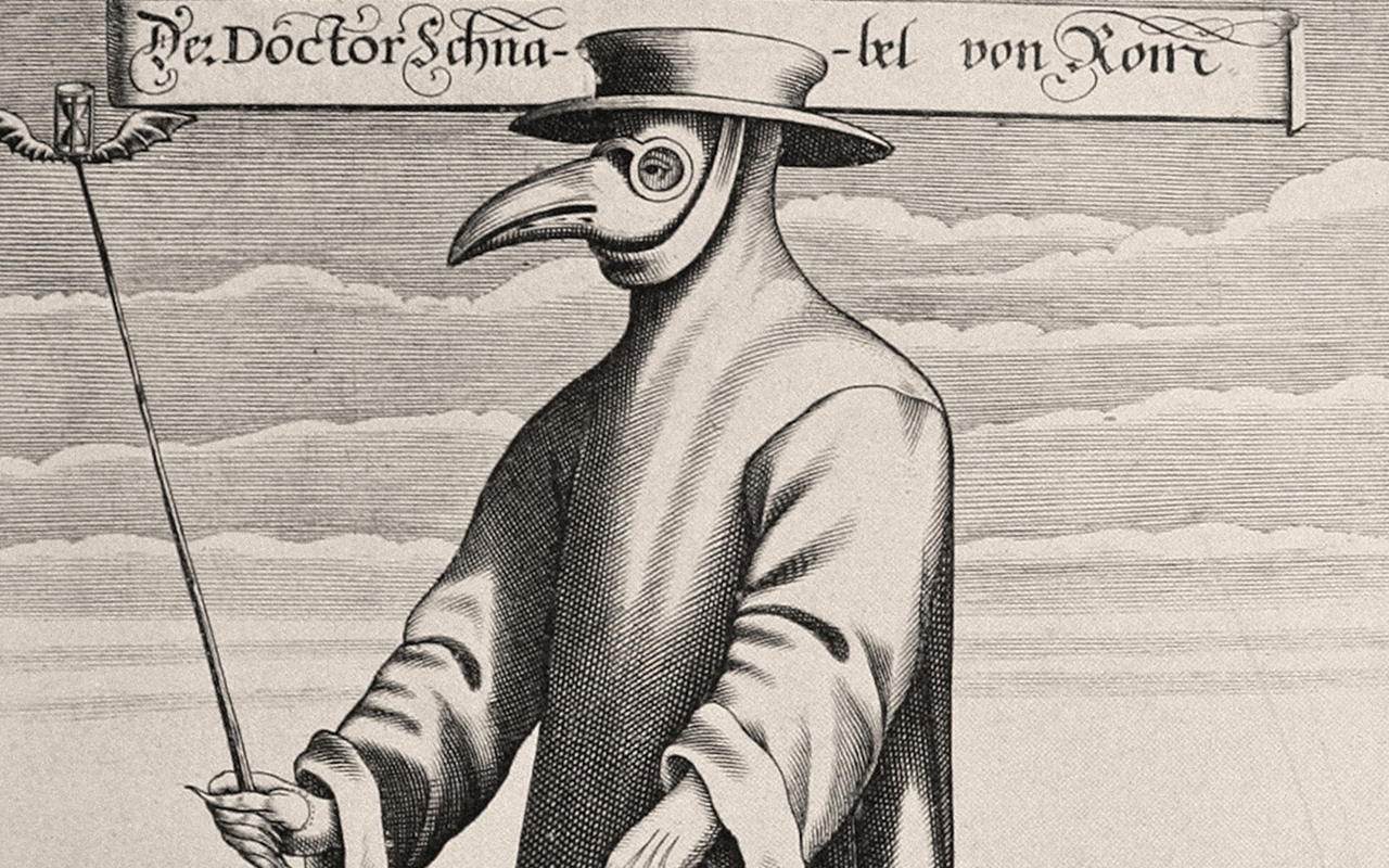 A giant plague doctor walking by a miniature town.