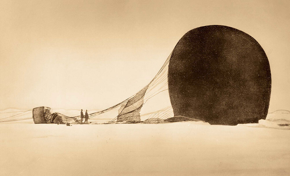 Andrée and his crew were forced to crash-land the balloon on July 14, 1897, after less than three days in flight. Nils Strindberg’s haunting photograph of the wreckage reveals how large a threat the men were up against in the Arctic.