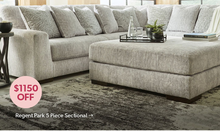 1150 dollars off. Featured Regent Park 5 Piece Sectional. Click to Shop.