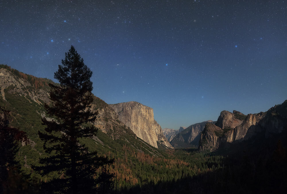 The Andromeda constellation, also known as the Chained Maiden, is seen over the El Capitan vertical rock formation in Yosemite National Park in California.