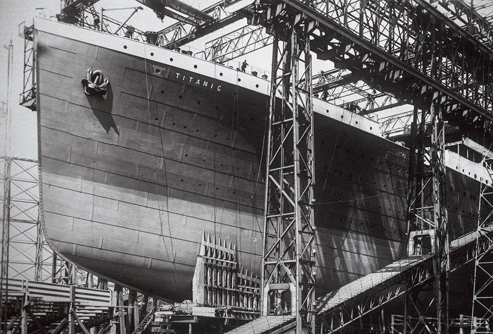 The Titanic in the Harland and Wolff shipyard