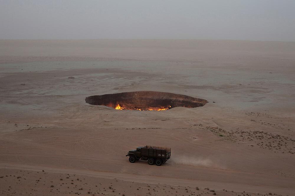 The Gate to Hell was created in the 1950s after a Soviet gas drilling rig fell into an underground cavern. The crater was set on fire shortly afterward and has been burning ever since.