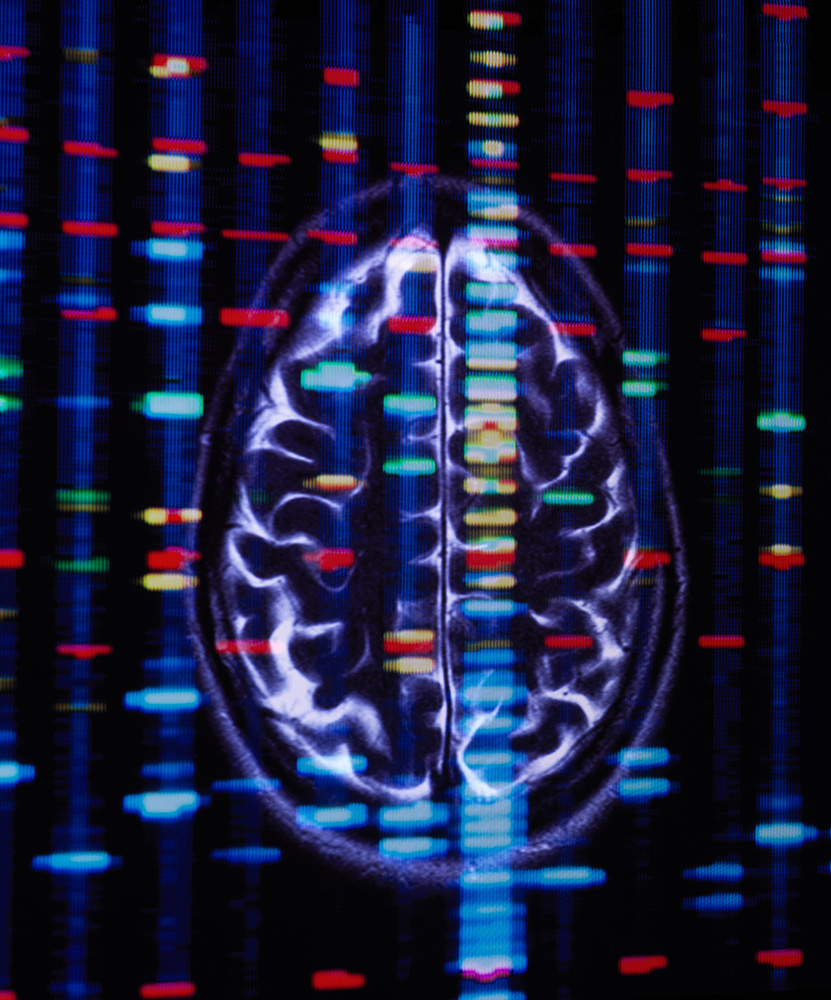 Multi exposure of a DNA profile and a brain scan