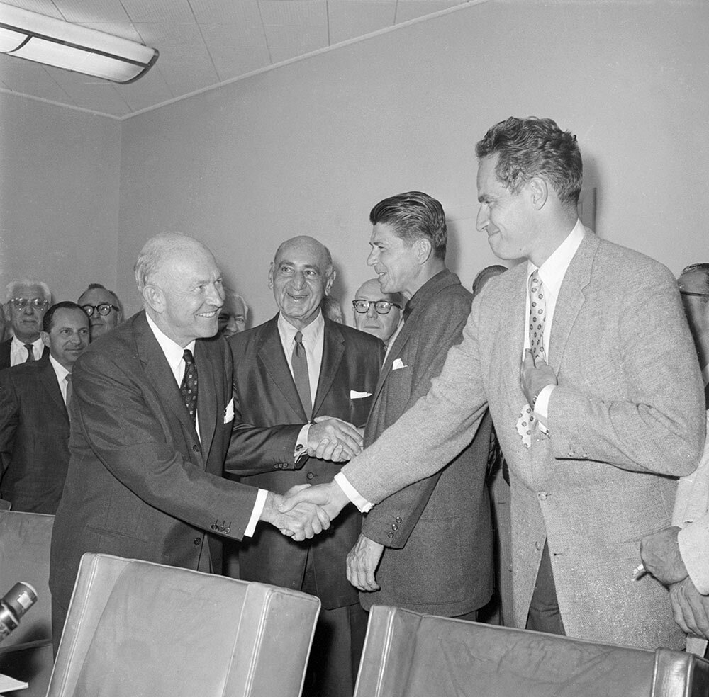 The beginning of the end of the 1960 Hollywood strike took place in this room, where actor Charlton Heston (right) shakes hands with a leader of the Association of Motion Picture Producers. And, no, you're not seeing things: Actor and future U.S. president Ronald Reagan (center-right) led the negotiations for the Screen Actors Guild