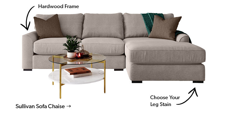 Sullivan Sofa Chaise. Hardwood Frame, Choose Your Leg Stain. Click to Shop Now.