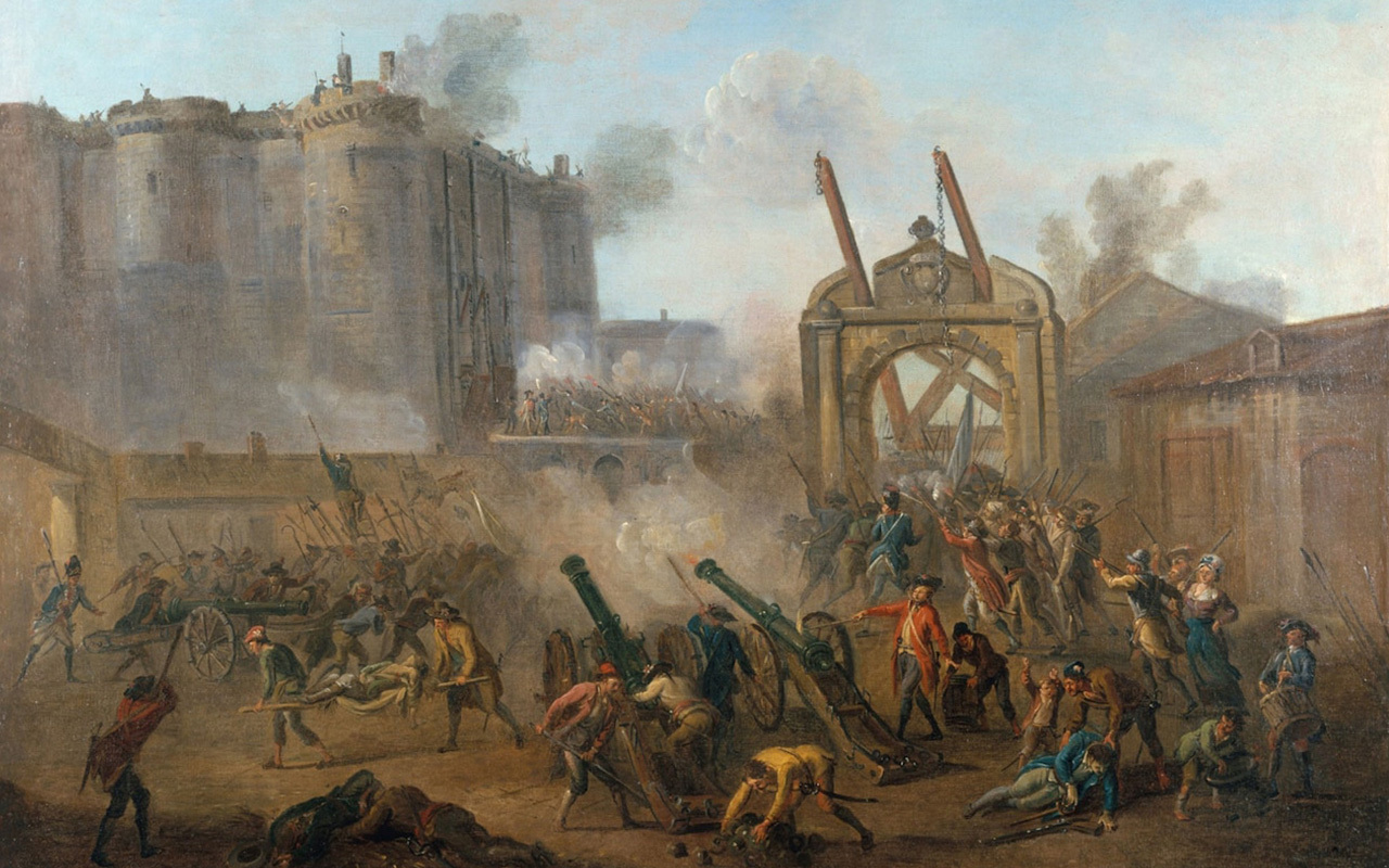 On July 14, 1789, French citizens seized the Bastille, a state prison and symbol of royal overreach. The events—which helped kick off the French Revolution—are depicted here in Jean-Baptiste Lallemand's painting "The Storming of the Bastille," found in the Musée Carnavalet in Paris.