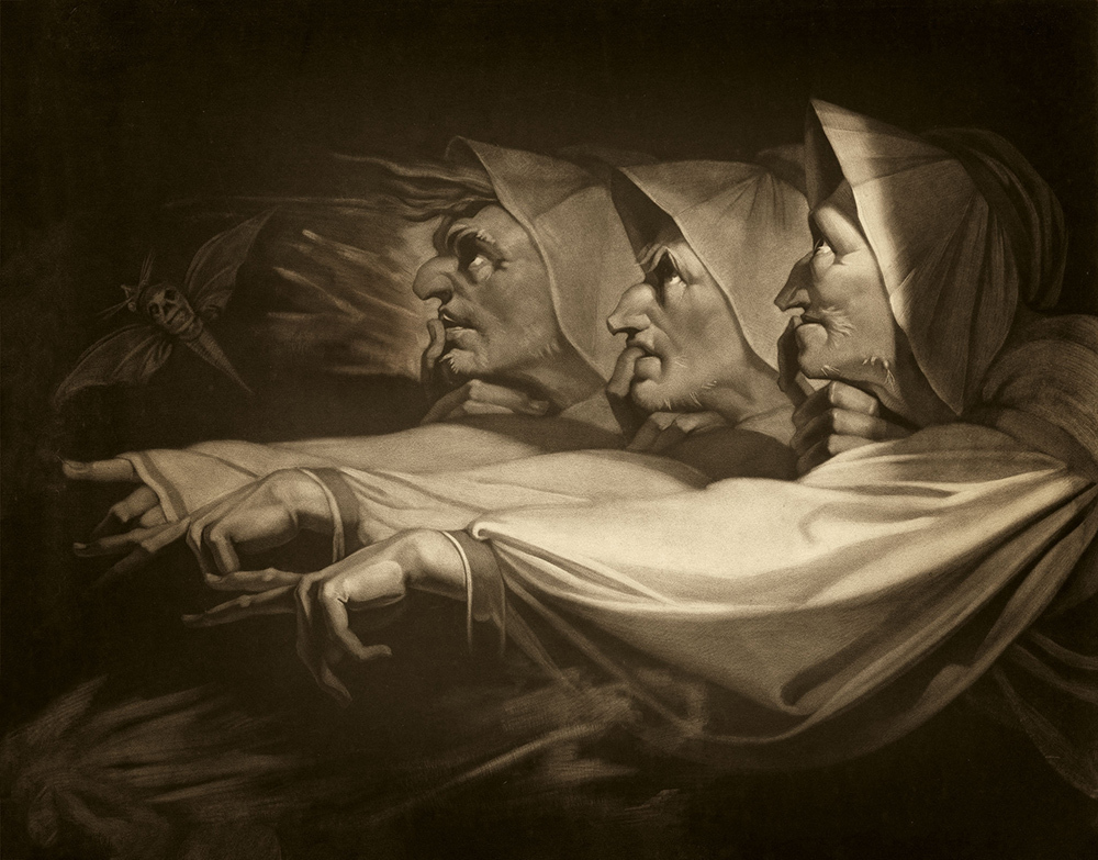 An engraving of Henry Fuseli's 1783 painting of the witches from Shakespeare's Macbeth