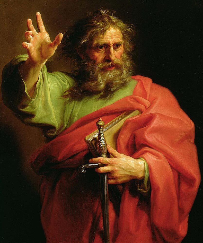 Saint Paul, a founding figure of the Christian Church, is pictured with a book and the sword he was martyred by in this oil painting by Batoni.