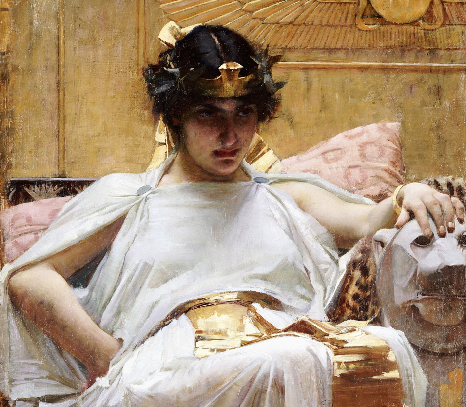 A painting of Cleopatra dressed in white with a heavy shadow on her face her gaze looks off into the distance.