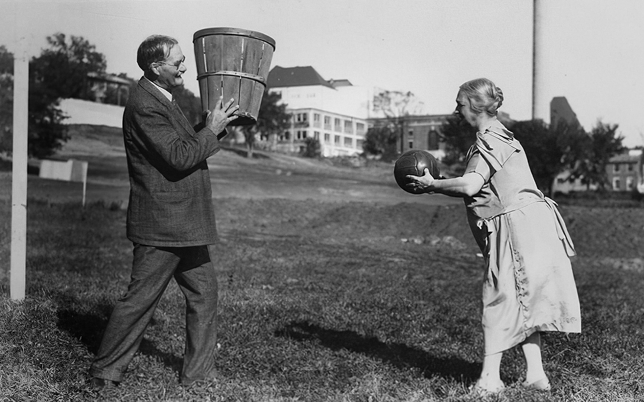 James Naismith, a Canadian American physical educator and innovator, invented the game of basketball in Springfield, Massachusetts in 1891 to keep his students active during the winter. Naismith is pictured here with his wife Maude Evelyn Sherman Naismith.