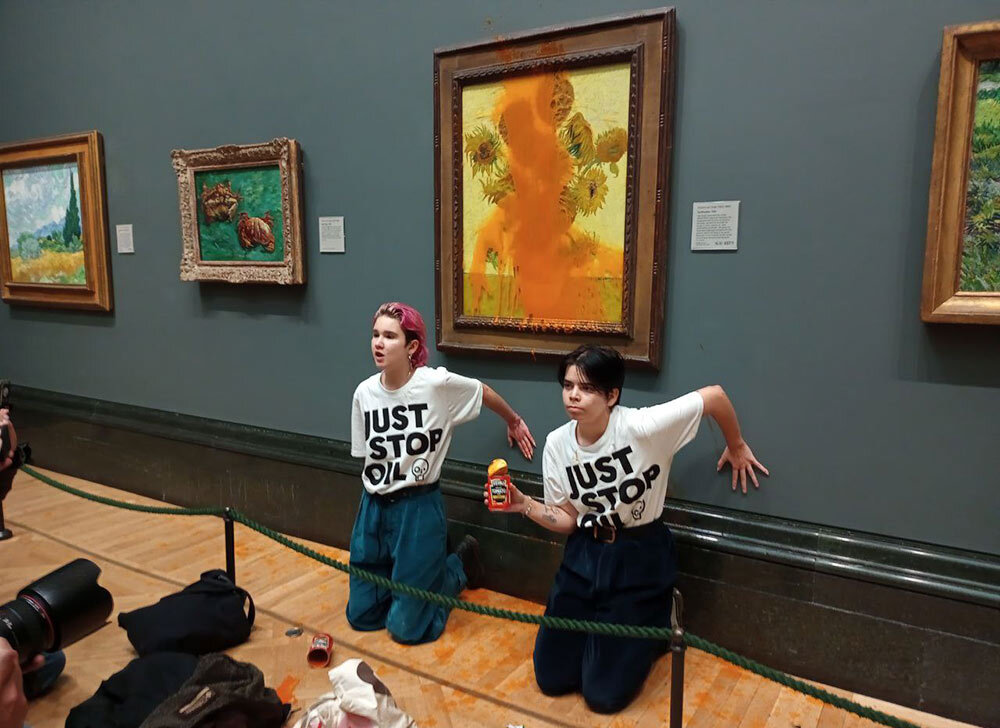 Last summer, two climate activists, from Just Stop Oil, covered and glued themselves to a painting called "The Hay Wain" by John Constable hanging in London's National Gallery. The painting, which depicts an idyllic country landscape, was covered with a picture depicting a dystopian, polluted image of the same scene.