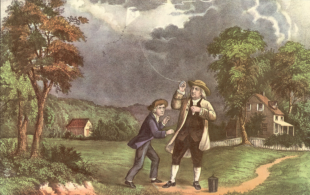 Lithograph of Benjamin Franklin and his son William using a kite and key during Franklin's Lightning Experiment