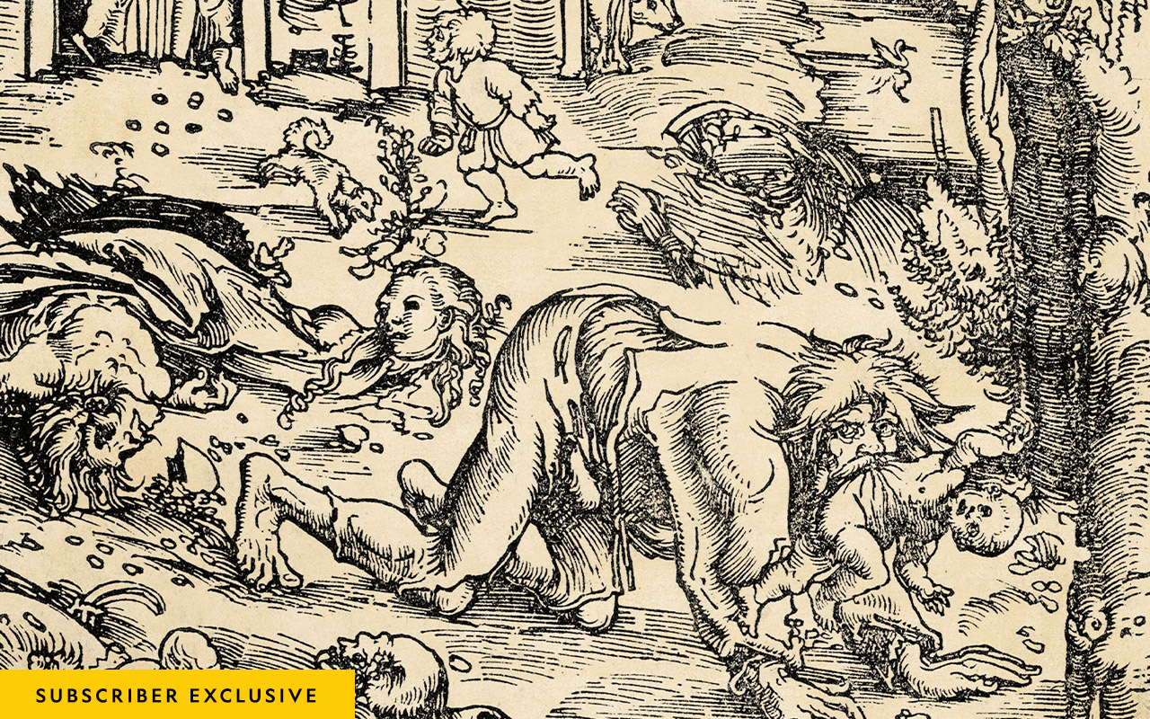 The werewolf, or “The Cannibal,” engraving by Lucas Cranach the Elder presents a horrific vision of werewolf-induced carnage.