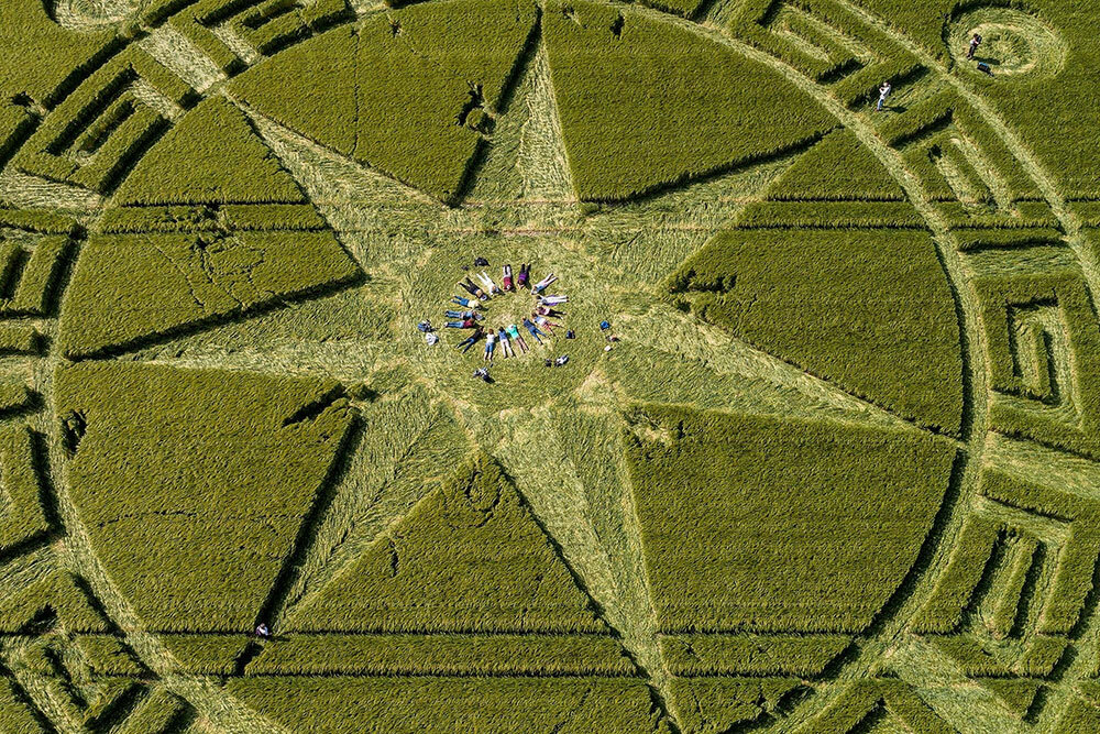 Crop circle enthusiasts lay down for a ritual in Dorset.