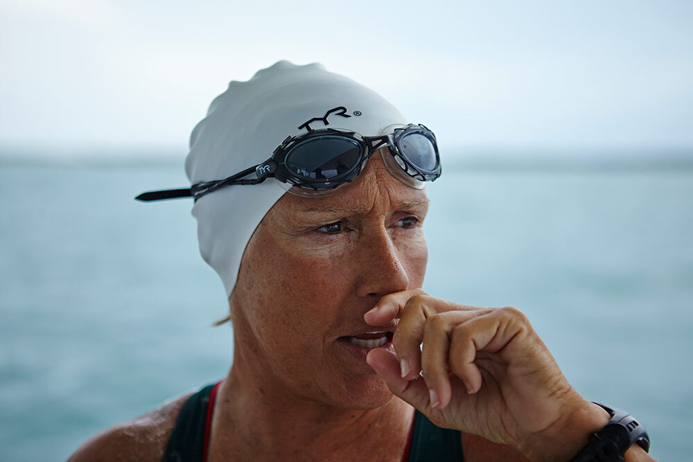 Diana Nyad, pictured here at age 61, trains to swim from Key West, Florida to Cuba. It was one of five times over three decades the long-distance swimmer endeavored to make the 110-mile trek. She ultimately succeeded in 2013, at age 64, on a record-breaking swim from Cuba to Florida.