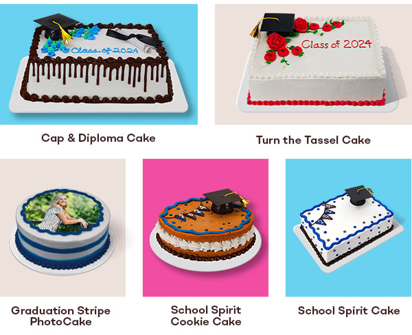 Cap & Diploma Cake, Turn the Tassel Cake, Graduation Stripe PhotoCake®, School Spirit Cookie Cake, and School Spirit Cake