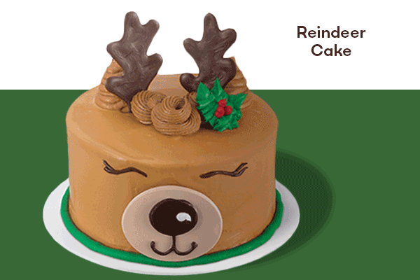 Gif cycling through holiday cakes "Reindeer Cake", "Modern Wreath Cake", "Brrr the Snowman Cake"